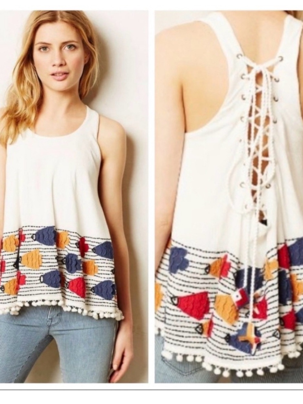 Anthropologie Pom-Pom Tank Top - White with Multicolor Fish Motif